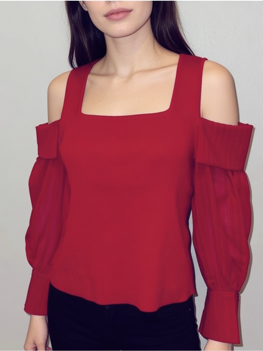 ADEAM Intermix “Province” ribbed cold shoulder top in rose red S L